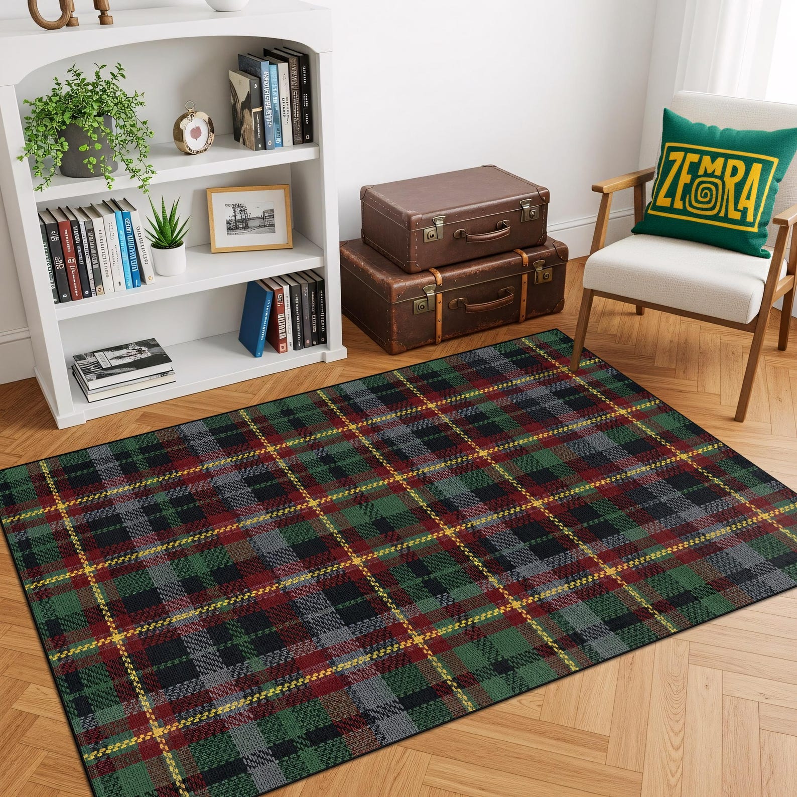 Tartan Rug, Plaid Scottish Checkered Area Carpet, Green Red Cozy Floor ...