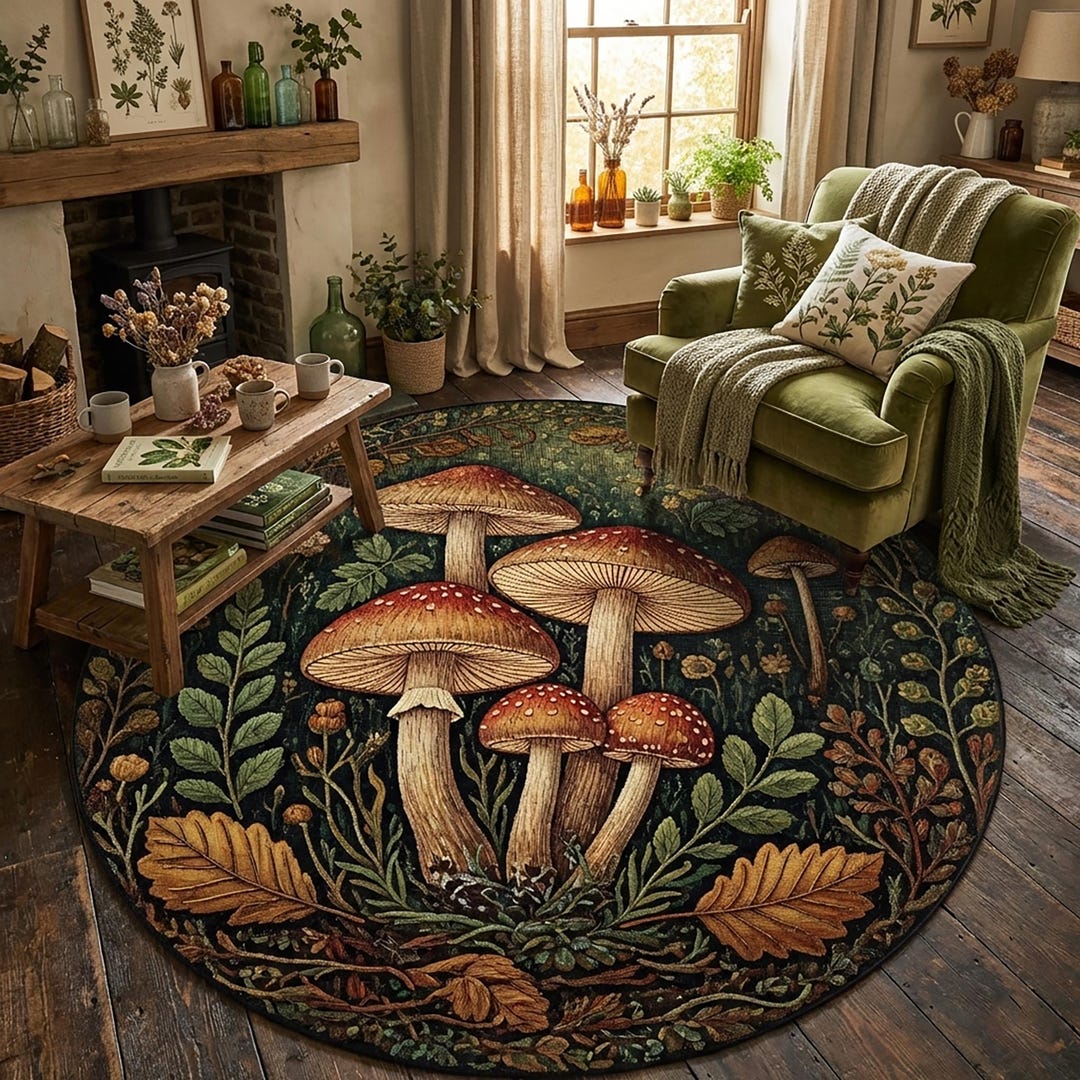 Toadstool Rug Mushroom Round Rug, Green Botanical Forest Decor, Cottagecore Aesthetic ...