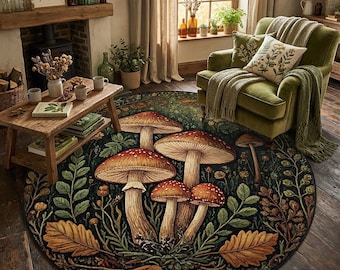 Mushroom Round Rug, Green Botanical Forest Decor, Cottagecore Aesthetic Circular Carpet, Fairycore Toadstool Rug, Moody Nature Home Gift