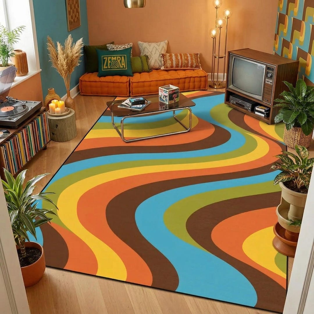 Retro 70s Wave Pattern Rug, Groovy Boho Area Carpet Funky Psychedelic ...