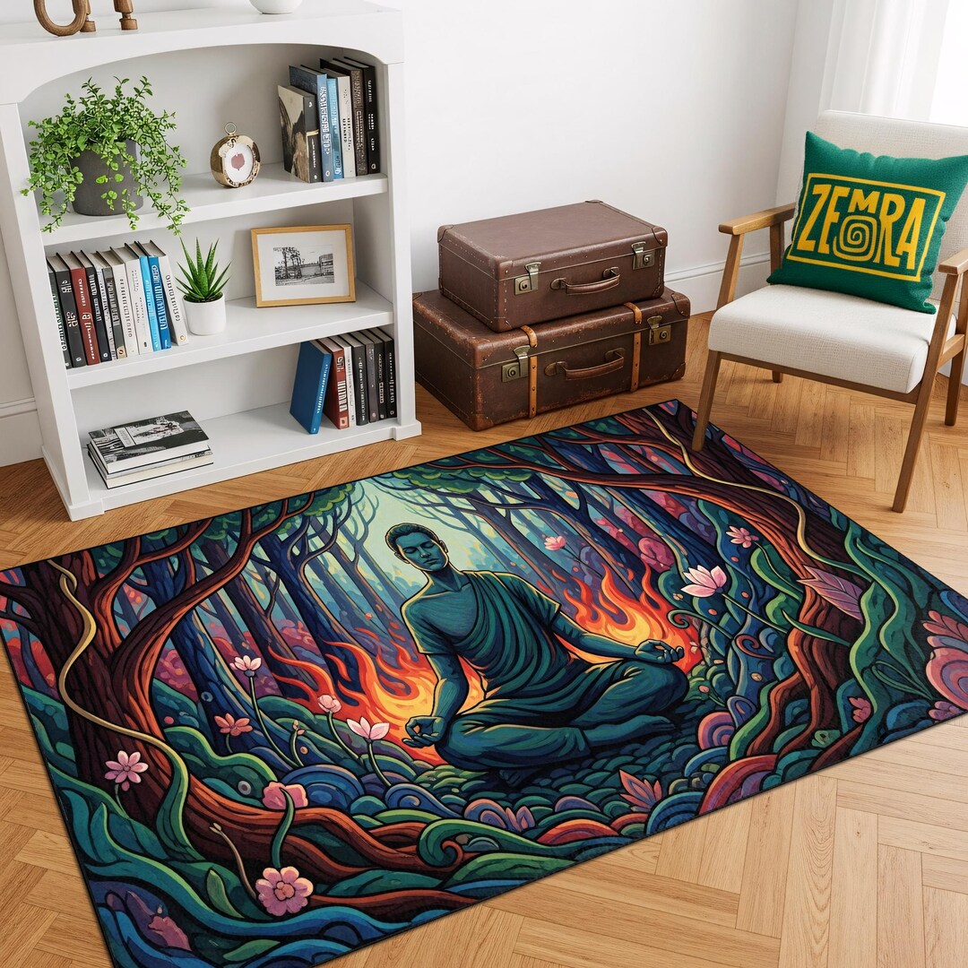 Art Nouveau Buddha Rug – Meditating Figure Carpet With Floral Forest ...