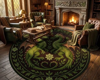 Alfombra redonda medieval con dragón, tapete circular con wyvern verde, decoración fantástica para el hogar, arte celta para el suelo, alfombra lavable para sala de juegos.