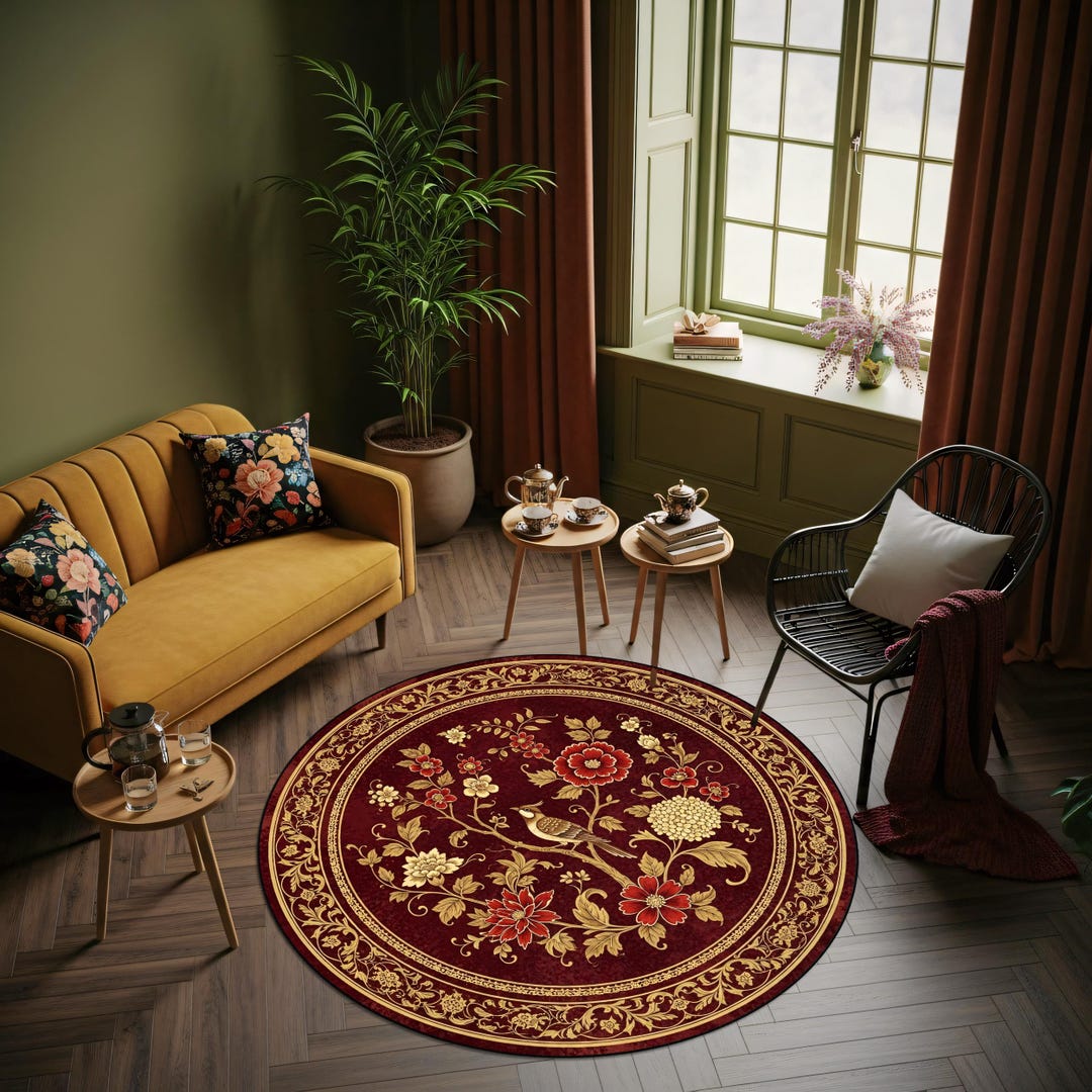 Round Red Floral Bird Rug – Vintage Gold Botanical Carpet With Ornate ...