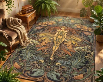 Fairy Art Nouveau Rug, Botanical Forest Carpet, Enchanted Boho Nature Decor, Vintage Fairycore Aesthetic Area Rug for Living Spaces