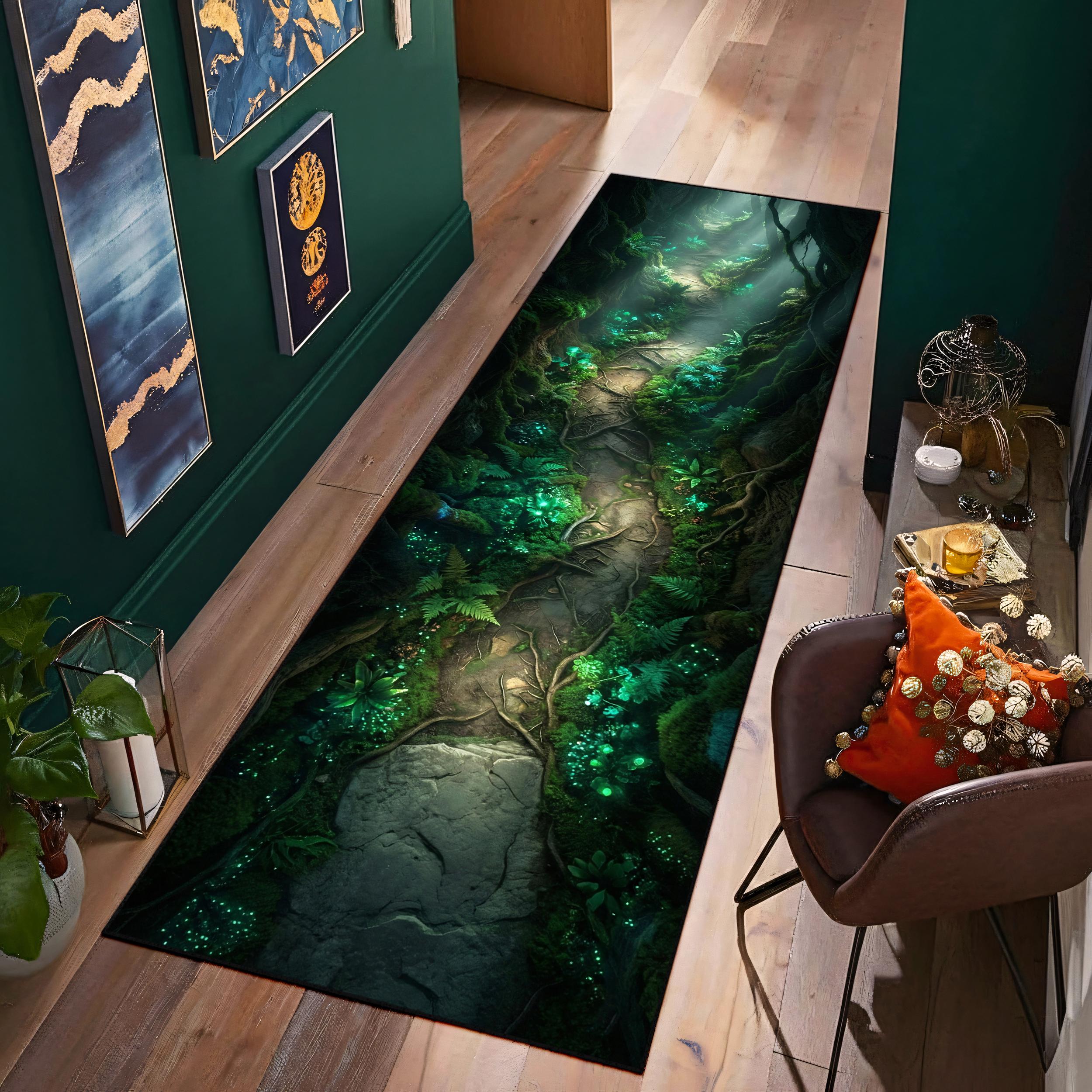 3D Enchanted Forest Runner Rug, Bioluminescent Path Hallway Rug, Dark ...