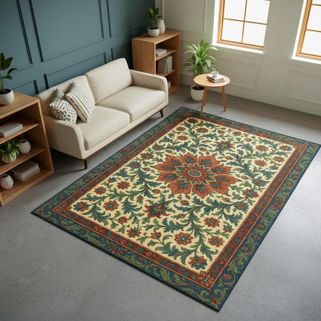 Cream And Rust Pattern Rug Floral Vintage Cream Rust & Teal Area Rug, Bohemian Floral Rug ...