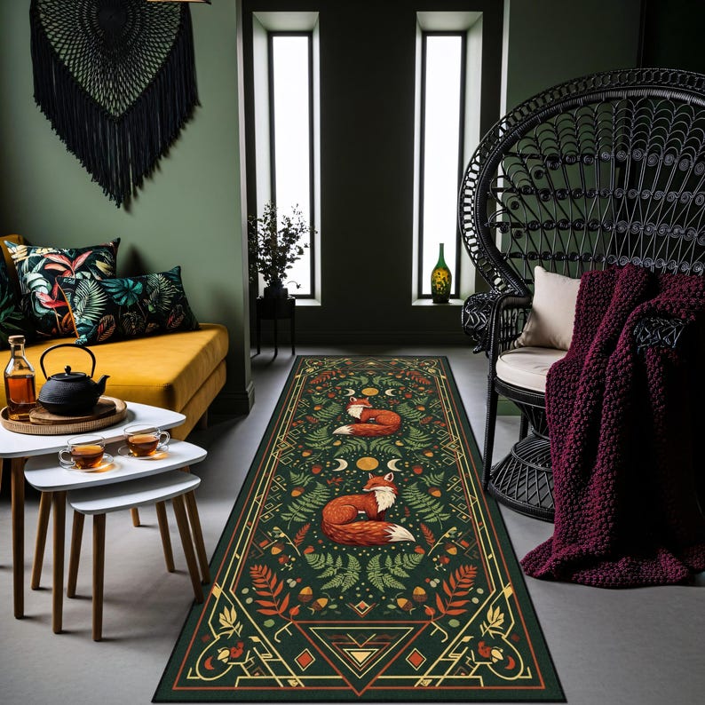 Boho Fox Runner Rug With Woodland Forest Art and Green Botanical ...