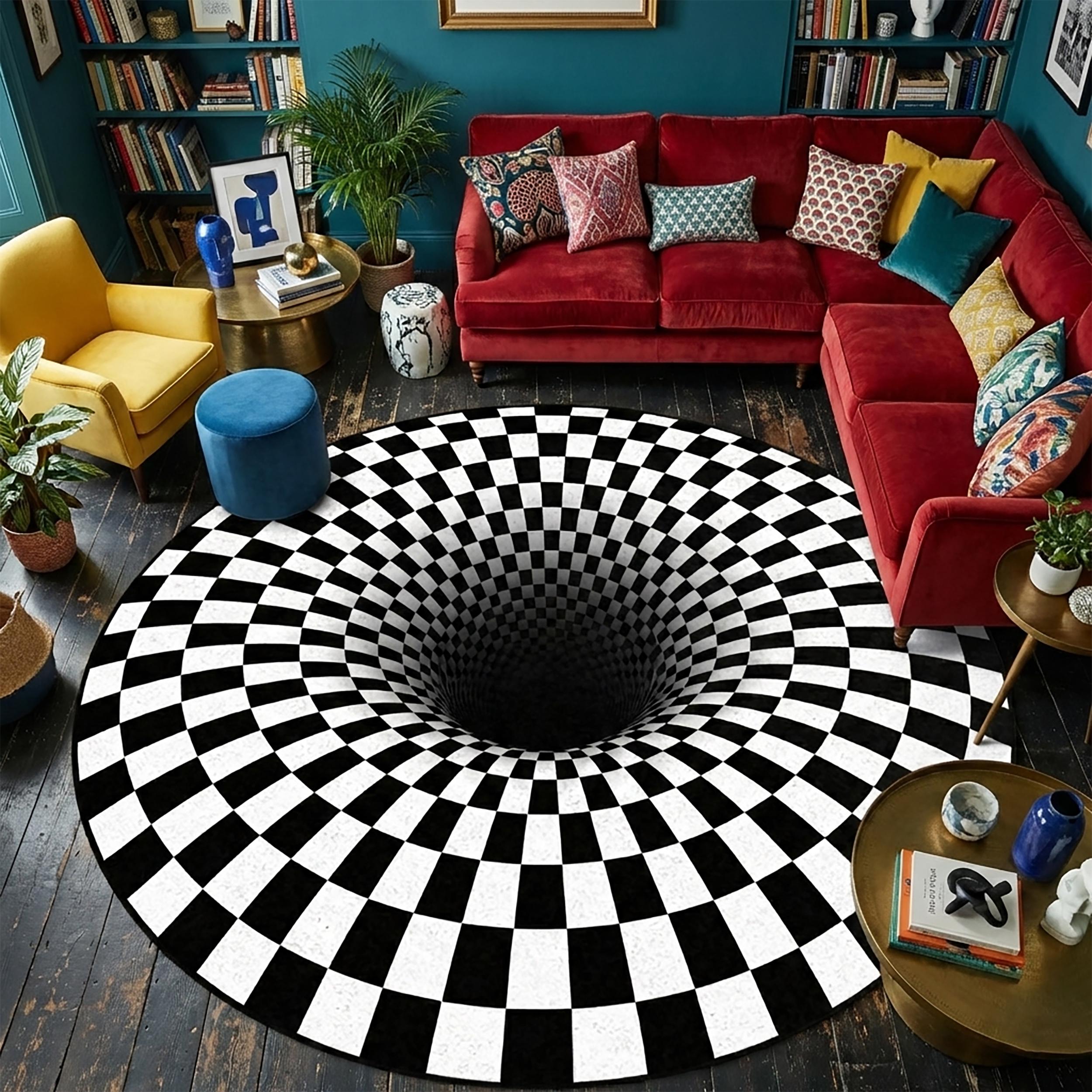 3D Optical Illusion Bottomless Pit Rug, Checkerboard Vortex Carpet