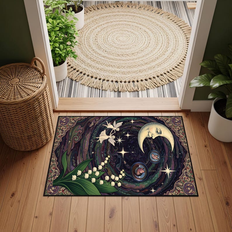 Fairy Rug Round Art Nouveau Moon Fairy Rug – Vintage Celestial Carpet With Fairies ...