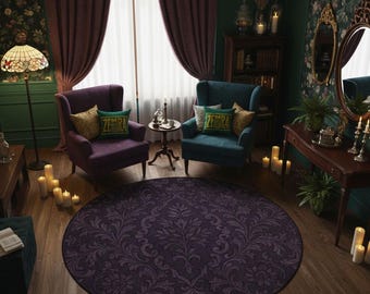 Dark Purple Round Rug, Gothic Victorian Circle Mat, Moody Damask Floor Decor, Washable Dark Academia Carpet, Whimsigoth Living Room