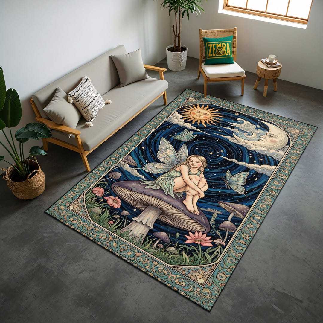 Angel Fairy Rug Art Nouveau Fairy Rug – Celestial Mushroom Carpet With Moon and Sun ...