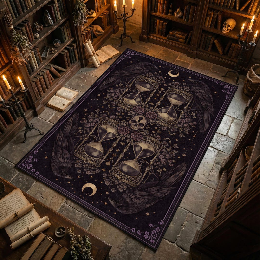 Wednesday Rug Gothic Raven Hourglass Rug, Victorian Gothic Crow Area Rug, Macabre ...