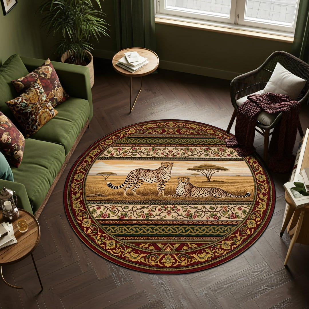 Round Safari Cheetah Rug – African Wildlife Design Carpet in Beige and ...