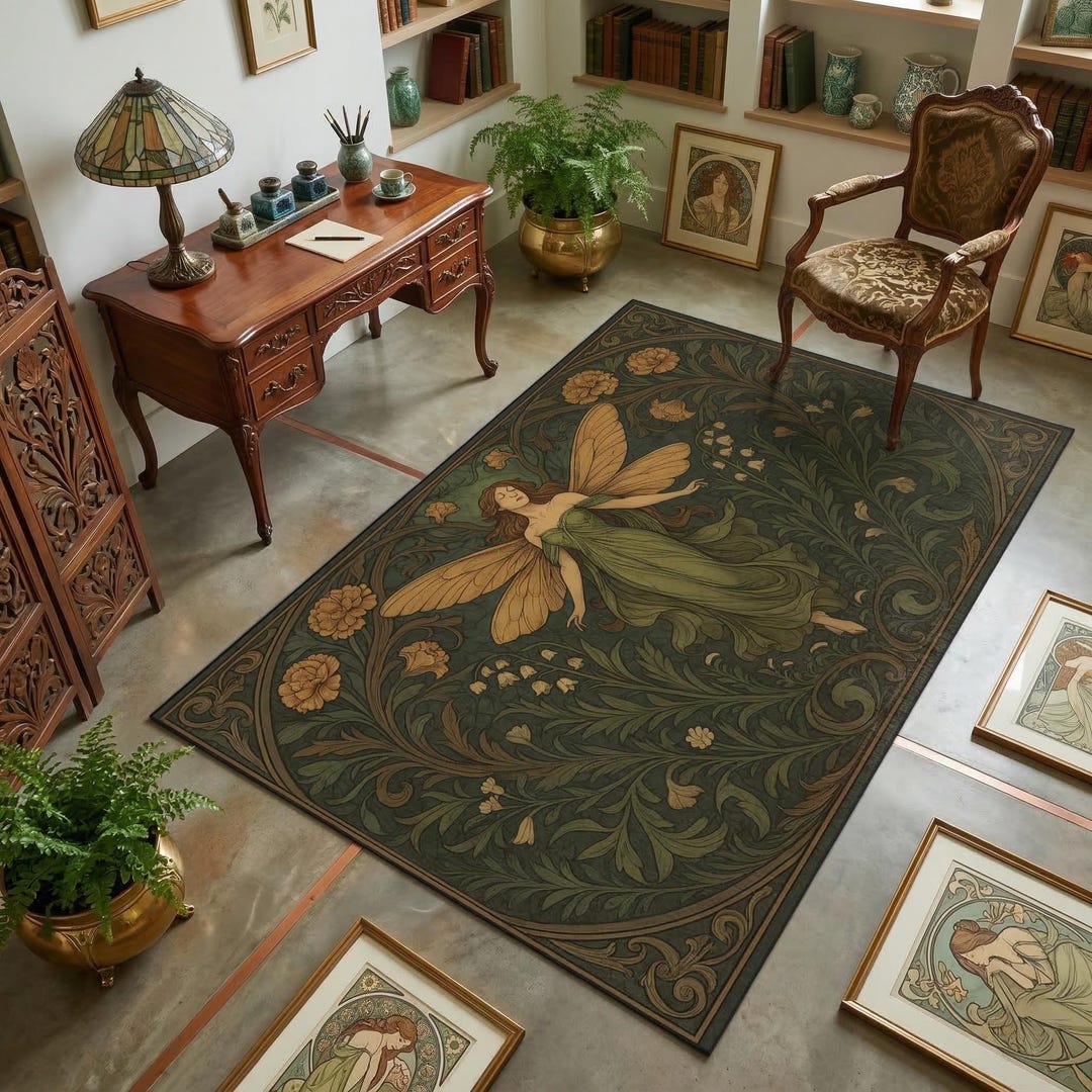 Angel Fairy Rug Art Nouveau Fairy Rug – Green Botanical Carpet With Vintage Winged Lady ...