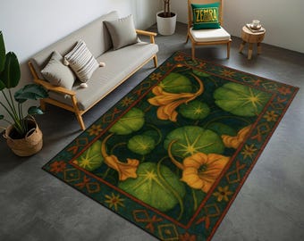 Dark Botanical Area Rug, Green Boho Carpet, Vintage Style Hippie Room Decor, Cottagecore Floral Floor Mat, Bohemian Nature Lover Gift