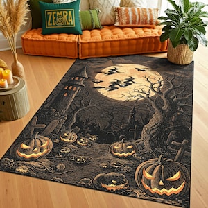 Könnte beinhalten: Ein Halloween-Teppich mit einer gruseligen Friedhofsszene, leuchtenden Kürbissen, einem Vollmond und fliegenden Hexen. Der Teppich hat eine dunkle Farbpalette mit detaillierten Illustrationen, ideal für die saisonale Dekoration.