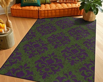 Tapis damassé violet vert, moquette maximaliste, décoration florale de salon, tapis antidérapant lavable, cadeau pour la maison éclectique, style rétro audacieux