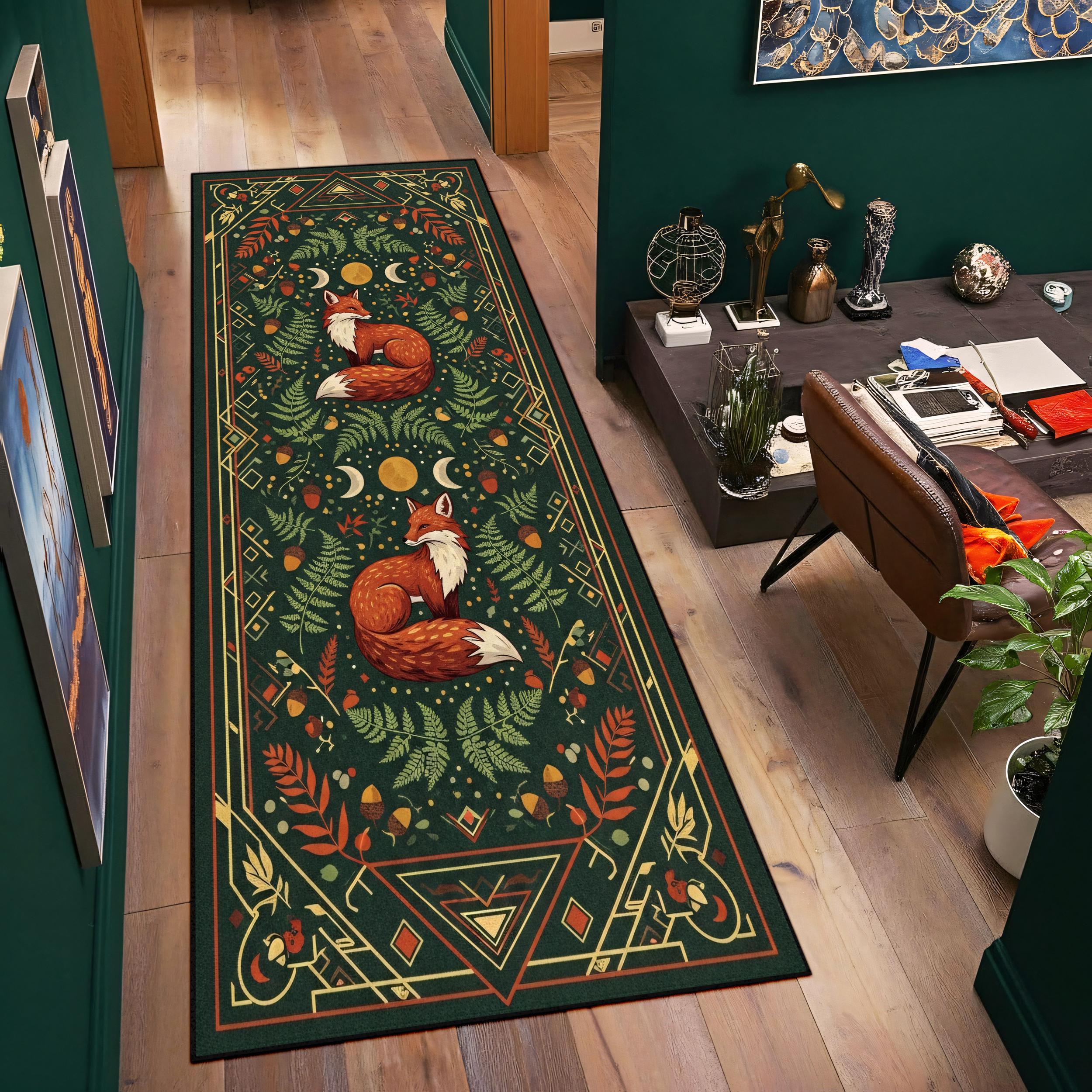 Boho Fox Runner Rug With Woodland Forest Art and Green Botanical ...