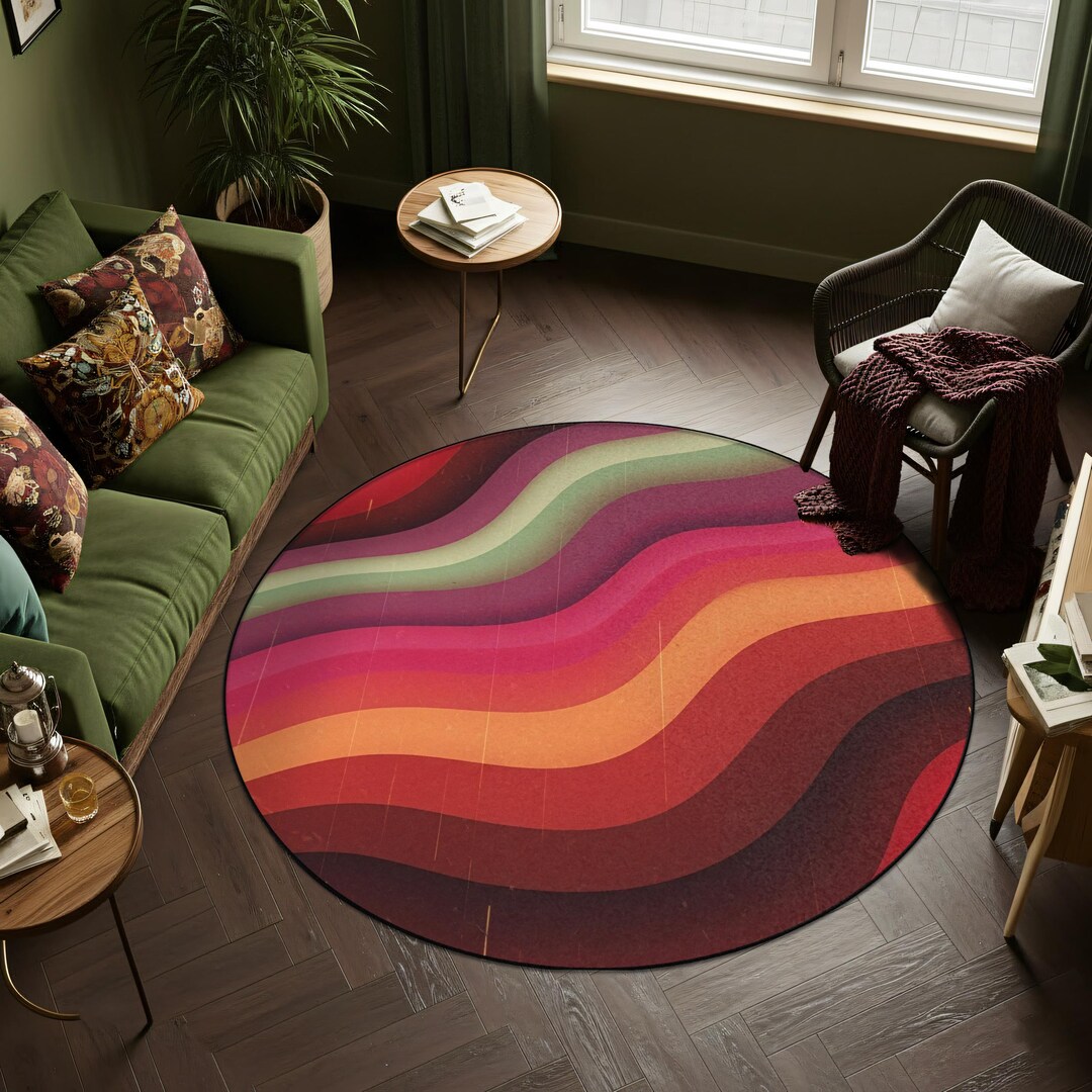Pink Retro Wavy Round Rug – Colorful 70s Style Groovy Lines Carpet ...