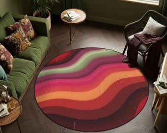 Pink Retro Wavy Round Rug – Colorful 70s Style Groovy Lines Carpet, Vibrant Abstract Area Rug for Living Room
