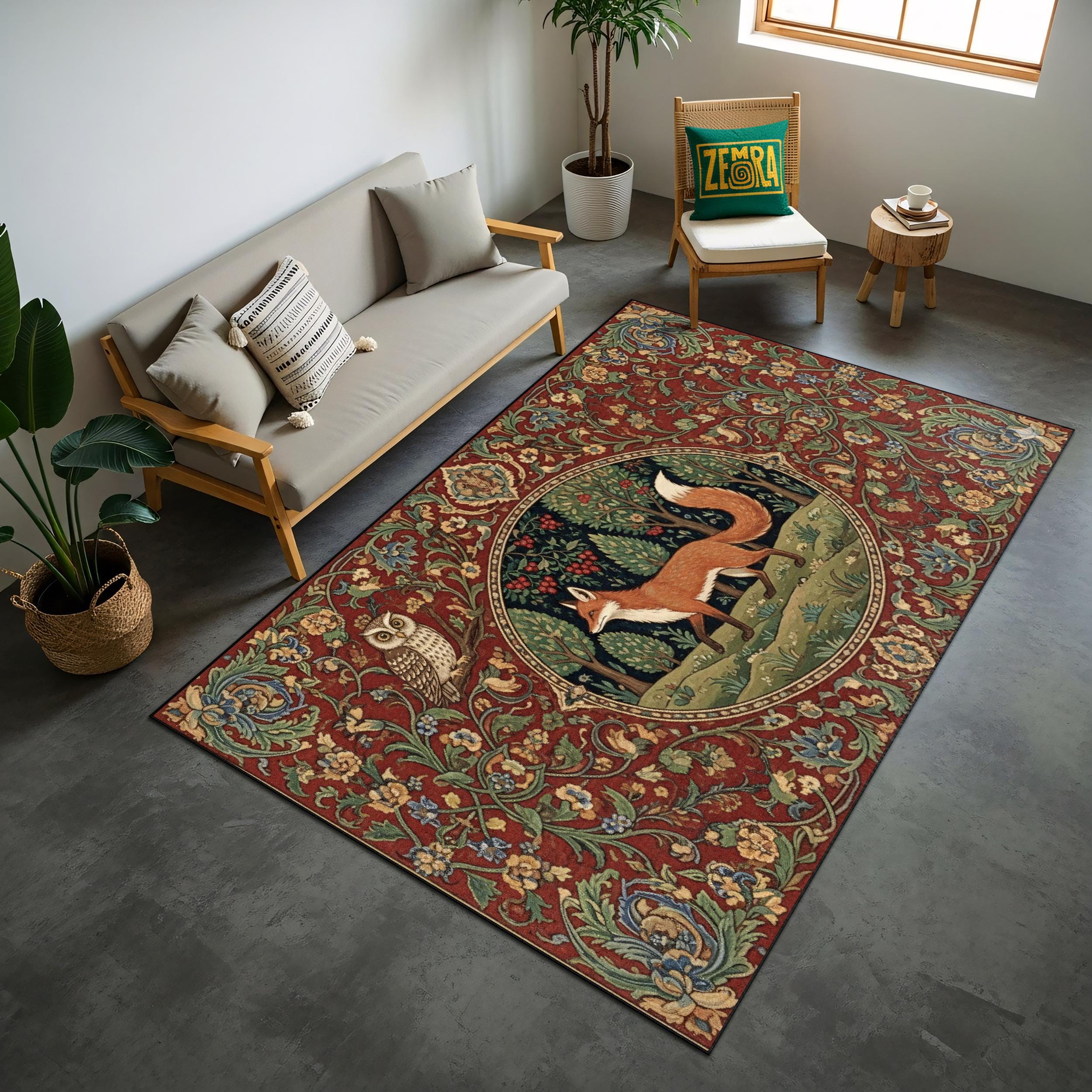 Art Nouveau Fox and Owl Rug &ndash; Vintage Forest Animal Carpet with Ornate Floral Pattern, Classic