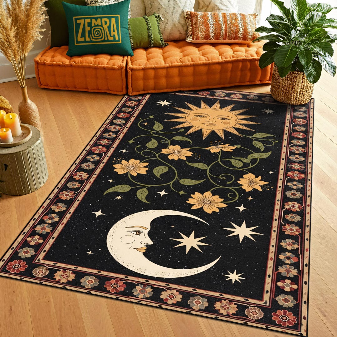 Astrological Rug Sun and Moon Celestial Rug With Vintage Floral Border, Black and Gold ...