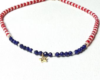 U.S.A. Choker, Team USA, American Flag, 4th of July, Natural Gemstones, Tiny Star Charm