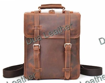 Brown Full Grain Leather Backpack Briefcase Vintage Laptop Satchel Bag for Men