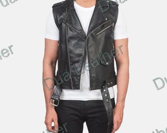 Mens Black Leather Biker Vest – Genuine Punk Motorcycle Style