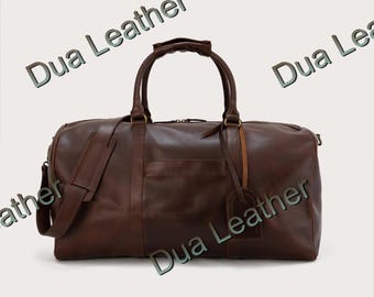 Brown Full Grain Leather Duffle Bag Mens Vintage Weekender Travel