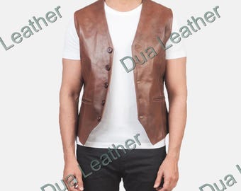 Men’s Brown Leather Vest – 100% Lamb, Handcrafted Soft Sheepskin Cowboy Waistcoat, Jerkin Style