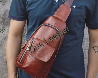 Brown Leather Sling Bag Men Crossbody Chest Bag Vintage Shoulder Pack