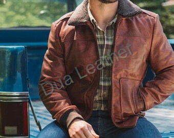 Mens Leather Jacket Shearling Lined B3 Bomber, Brown Sheepskin Aviator Winter Coat
