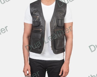 Men’s Black Genuine Leather Utility Vest with Zippered Pockets