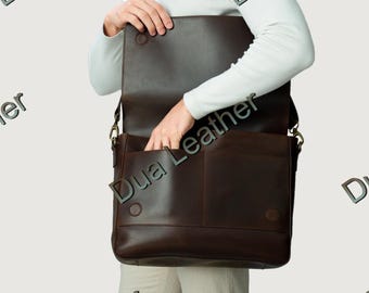 Dark Brown Leather Messenger Bag, Full Grain Laptop Crossbody Briefcase Men
