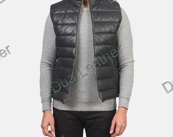 Men’s Black Leather Puffer Vest – Sleeveless Zip-Front Quilted Waistcoat