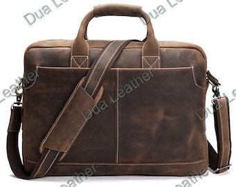 Brown Distressed Leather Briefcase Men Vintage Laptop Bag Full Grain Work Bag