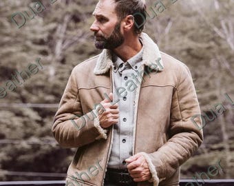 Handmade Brown Shearling Leather Aviator Jacket, Men's Winter Coat