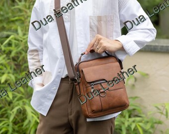 Brown Faux Leather Crossbody Bag Men Vintage Small Messenger Sling Shoulder bag