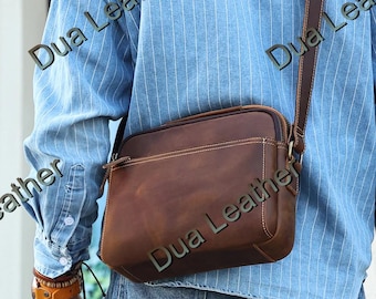 Brown Full Grain Leather Crossbody Bag, Mens Vintage Sling Shoulder Bag