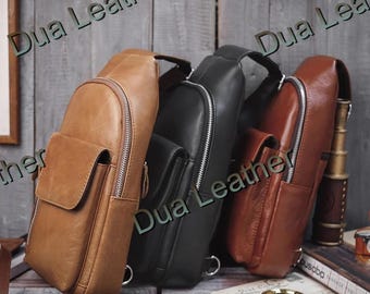 Brown Leather Sling Bag Men Crossbody Chest Bag Minimalist Everyday Carry