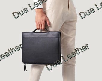 Black Leather Briefcase Mens Slim Laptop Bag Minimalist Office Work Bag