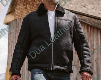 Men’s B3 Shearling Leather Jacket – Real Sheepskin Aviator Bomber, Black Winter Coat