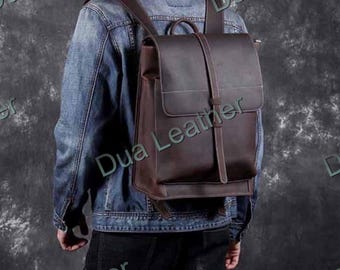 Brown Leather Backpack Mens Minimalist Vintage Flap Top Travel Laptop Bag