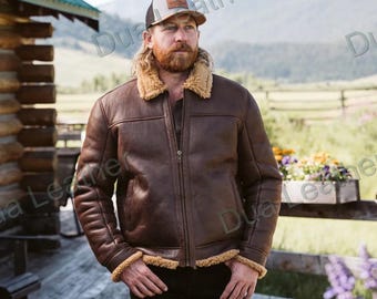 Men’s Shearling Leather Jacket – Vintage Brown Aviator Bomber Jacket with Fur Collar, Handmade Winter Leather Coat