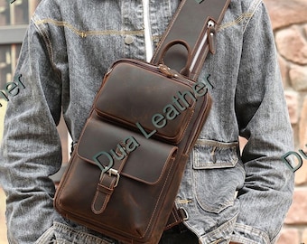 Brown Leather Crossbody Sling Bag Vintage Style Mens Shoulder Chest Bag