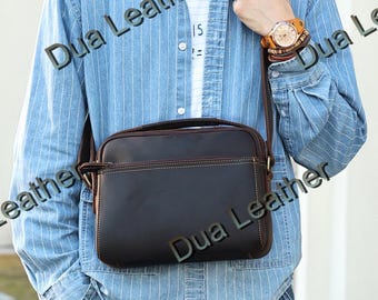 Brown Full Grain Leather Crossbody Messenger for Men Vintage Shoulder Bag