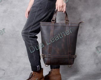 Dark Brown Distressed Leather Tote Bag Full Grain Minimalist Shoulder Bag Unisex