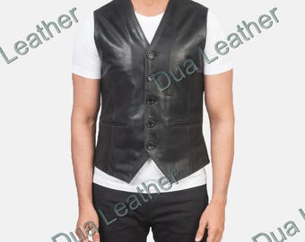 Handmade Black Leather Vest: Men's Tailored Formal Waistcoat