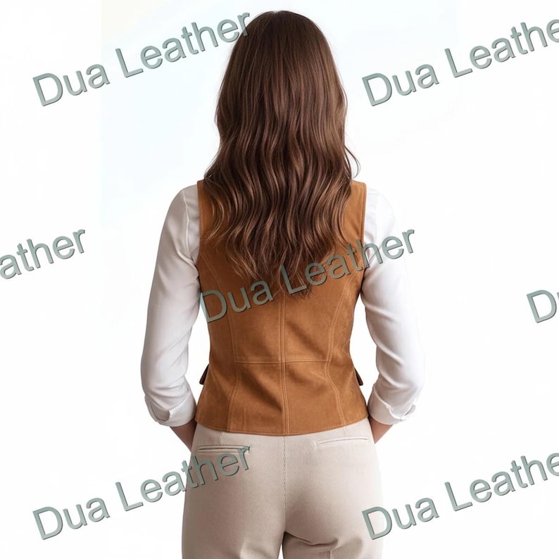 May include: A tan suede vest with a tailored fit. The vest has a V-neck and two small pockets. The model is wearing a white long-sleeved shirt and beige trousers. The words "Dua Leather" are watermarked across the image.